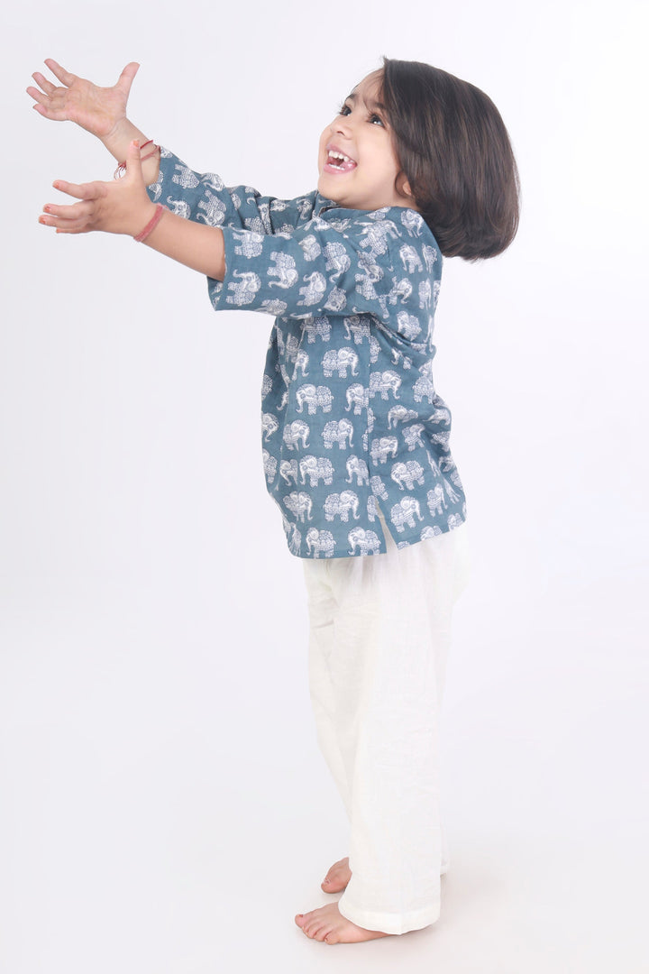 Jumbo King Elephant Print Cotton Kurta & Pyjama Nightsuit Set – Kids Unisex | SHOBITAM