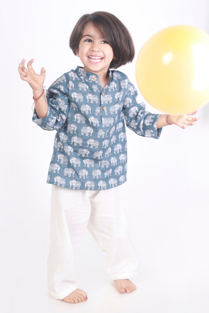 Jumbo King Elephant Print Cotton Kurta & Pyjama Nightsuit Set – Kids Unisex | SHOBITAM