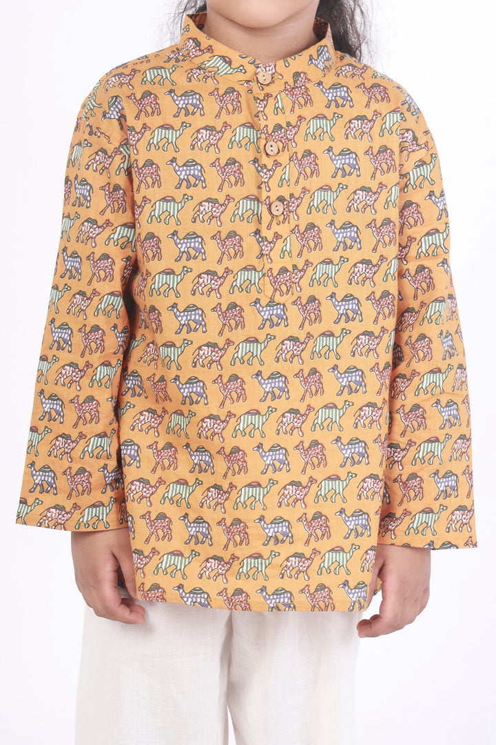 Dusty Camel Print Cotton Kurta & Pyjama for Kids Unisex | SHOBITAM