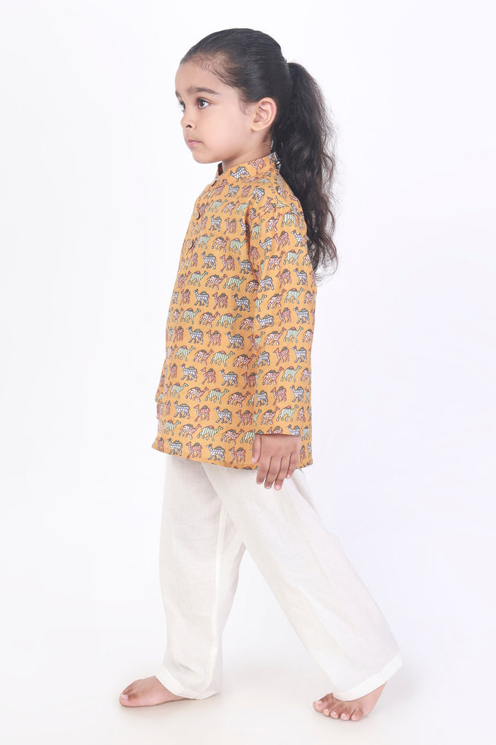 Dusty Camel Print Cotton Kurta & Pyjama for Kids Unisex | SHOBITAM