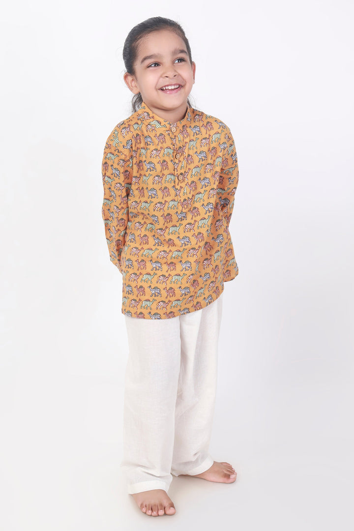 Dusty Camel Print Cotton Kurta & Pyjama for Kids Unisex | SHOBITAM
