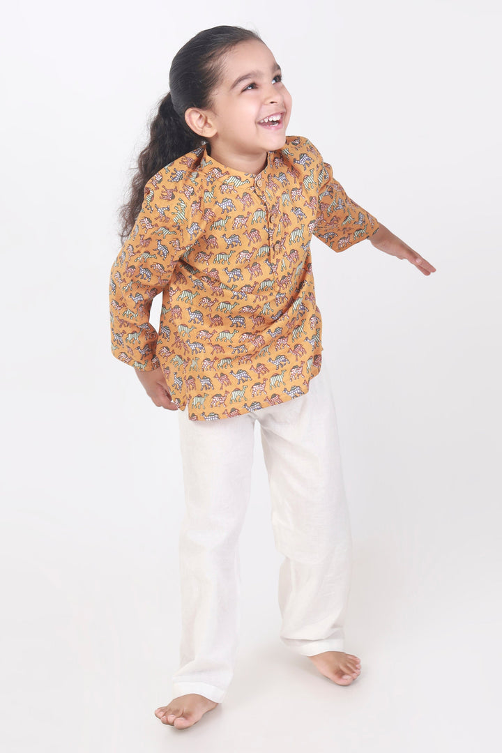 Dusty Camel Print Cotton Kurta & Pyjama for Kids Unisex | SHOBITAM