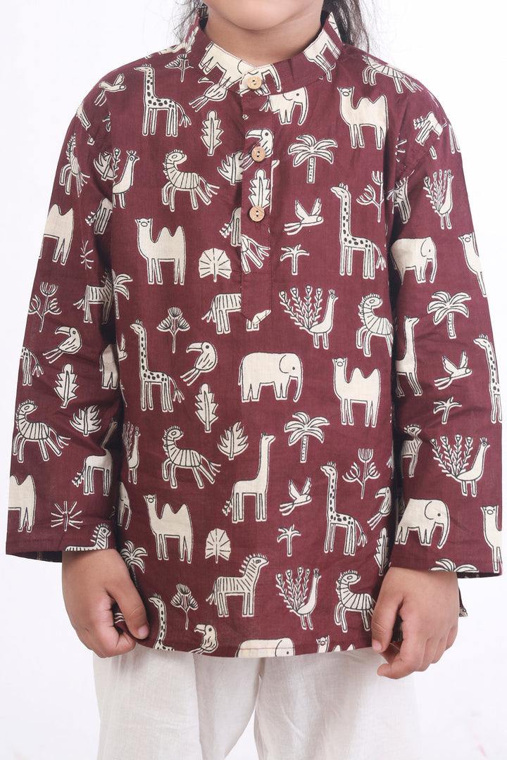 Jamun Safari Print Cotton Kurta & Pyjama  Unisex Set for Kids Unisex | SHOBITAM