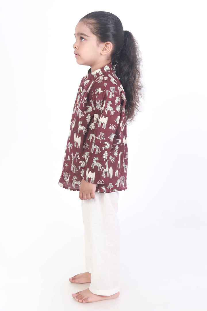 Jamun Safari Print Cotton Kurta & Pyjama  Unisex Set for Kids Unisex | SHOBITAM