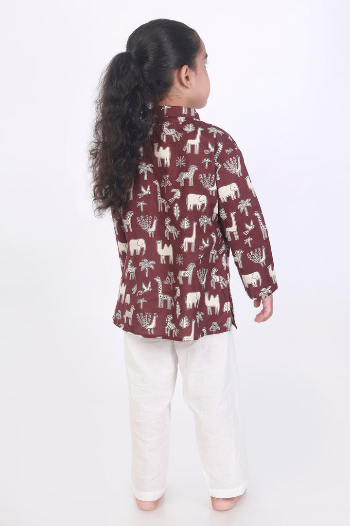 Jamun Safari Print Cotton Kurta & Pyjama  Unisex Set for Kids Unisex | SHOBITAM