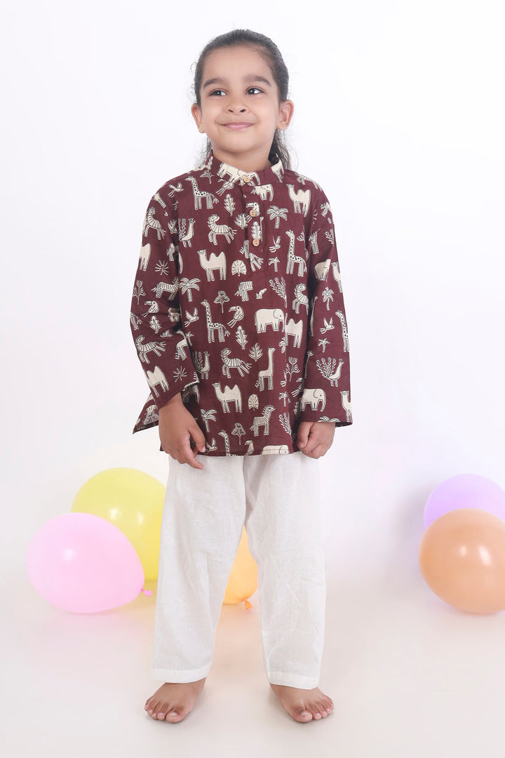 Jamun Safari Print Cotton Kurta & Pyjama  Unisex Set for Kids Unisex | SHOBITAM