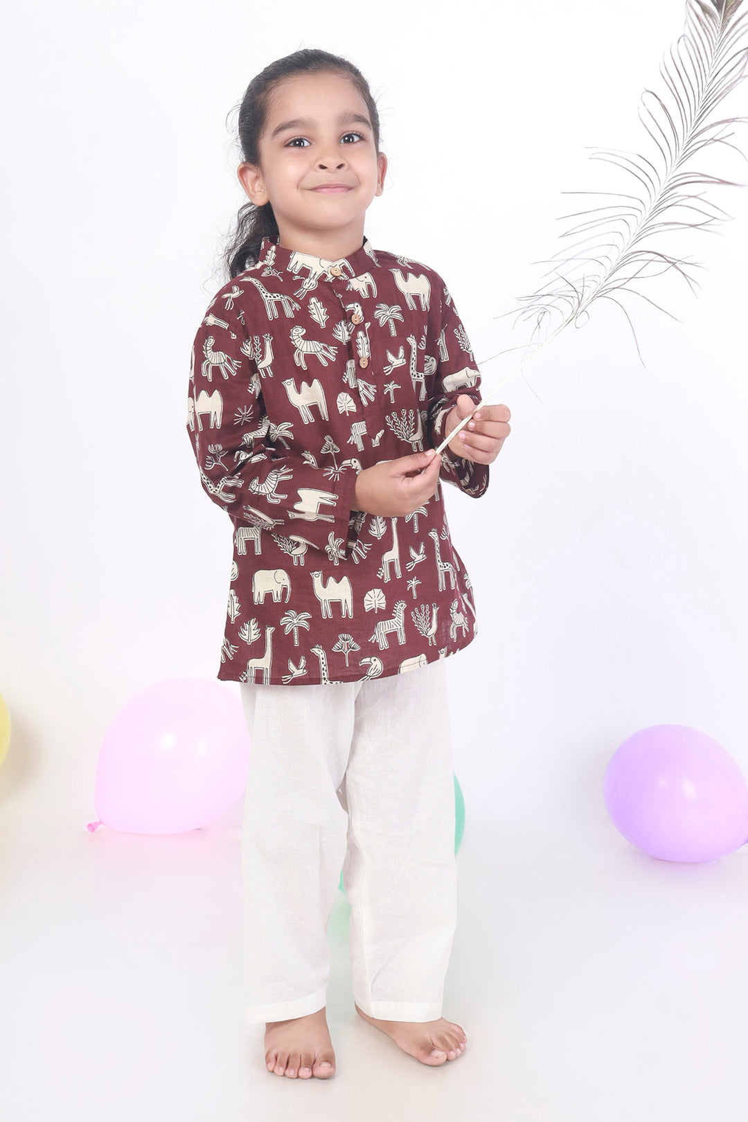 Jamun Safari Print Cotton Kurta & Pyjama  Unisex Set for Kids Unisex | SHOBITAM