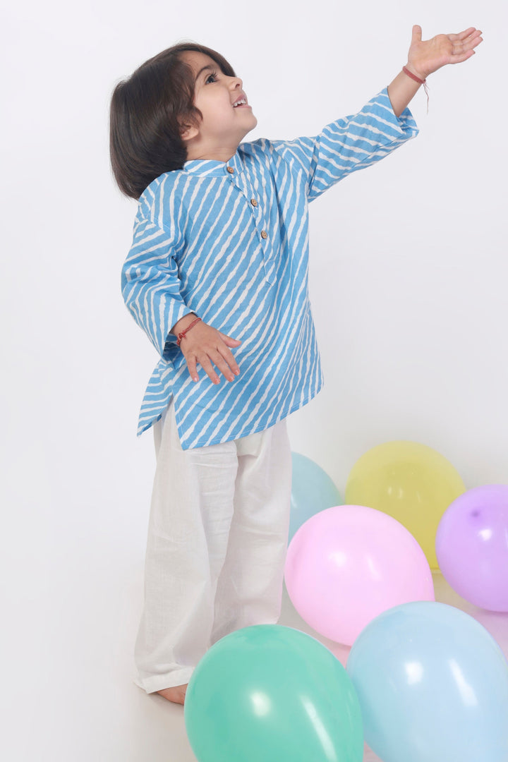 Neel Stripes Cotton Kurta & Pyjama Nightsuit Set for Kids Unisex | SHOBITAM