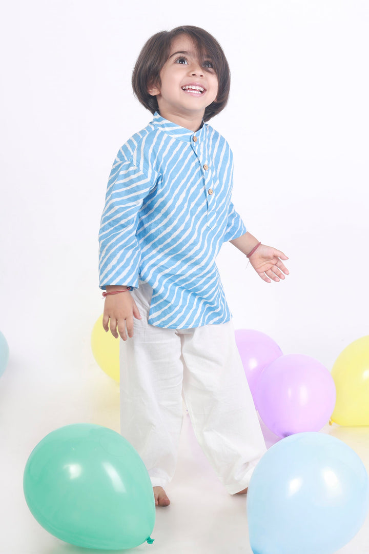 Neel Stripes Cotton Kurta & Pyjama Nightsuit Set for Kids Unisex | SHOBITAM