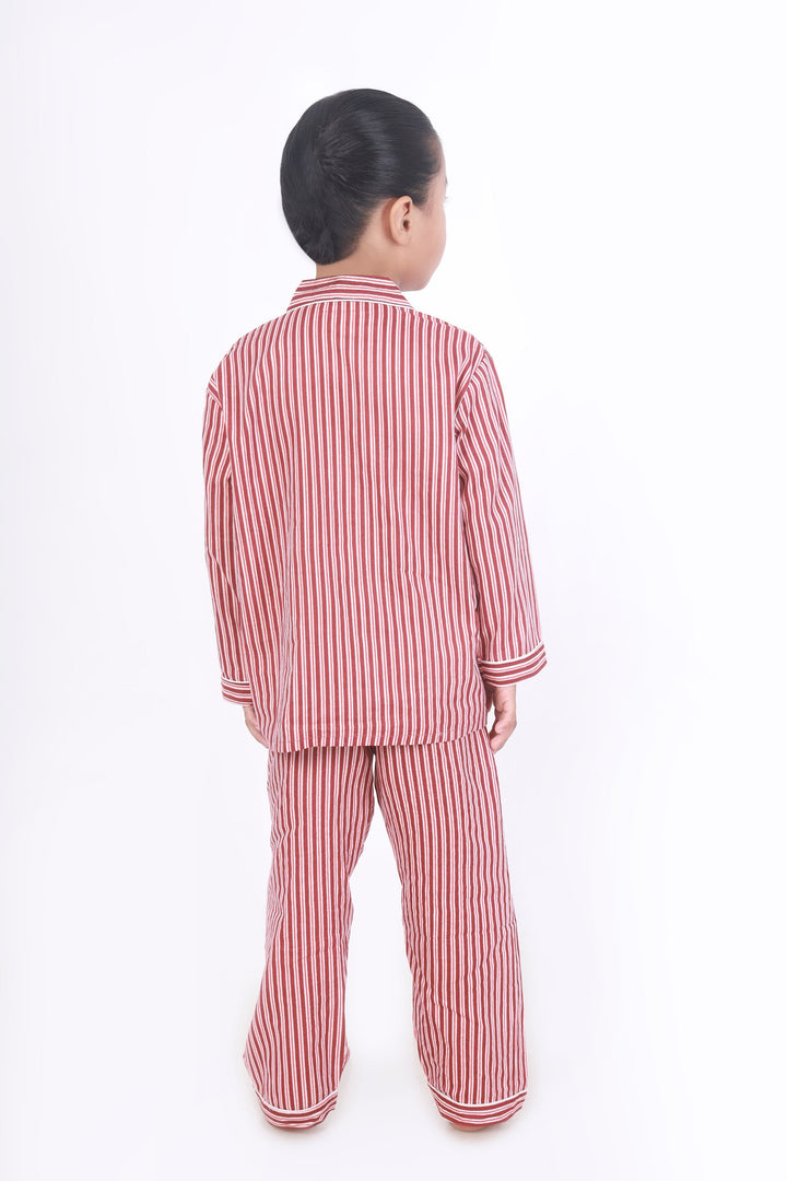 Candyland Red & White Striped Print Cotton Shirt & Pyjama Set | SHOBITAM