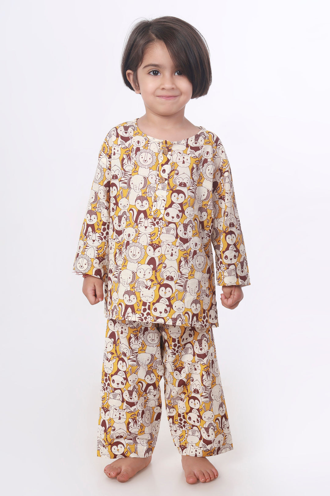 Marigold Jungle Print Cotton Kurta Pajama Nightsuit for Kids Unisex | SHOBITAM
