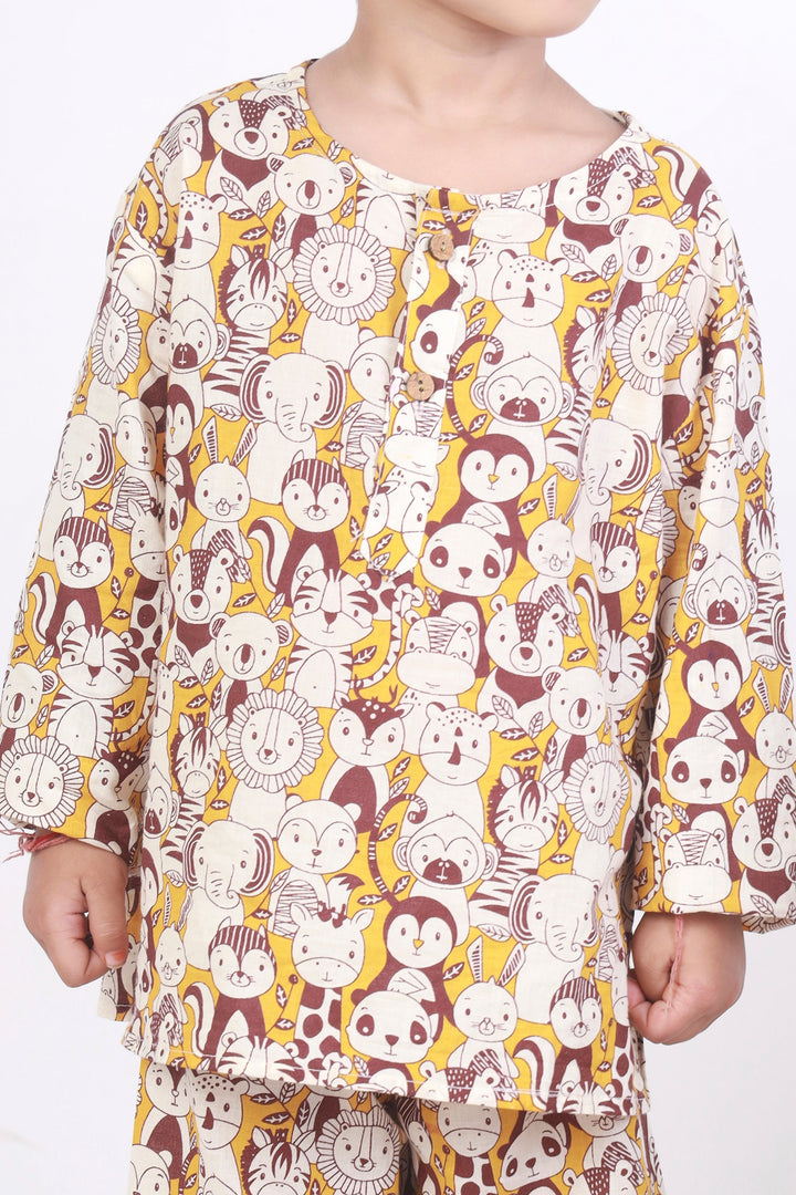 Marigold Jungle Print Cotton Kurta Pajama Nightsuit for Kids Unisex | SHOBITAM