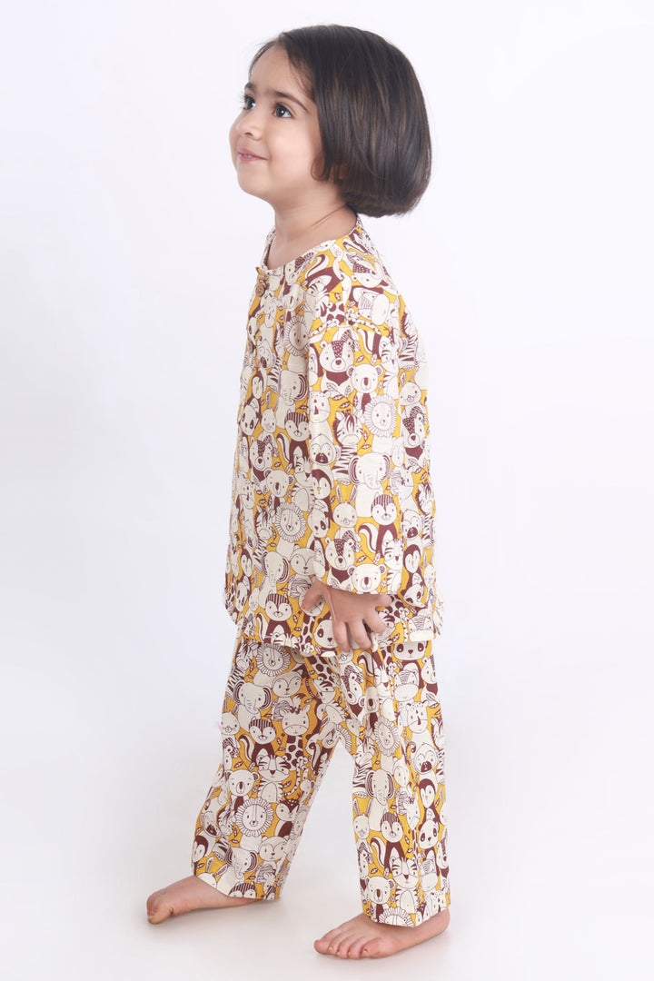 Marigold Jungle Print Cotton Kurta Pajama Nightsuit for Kids Unisex | SHOBITAM
