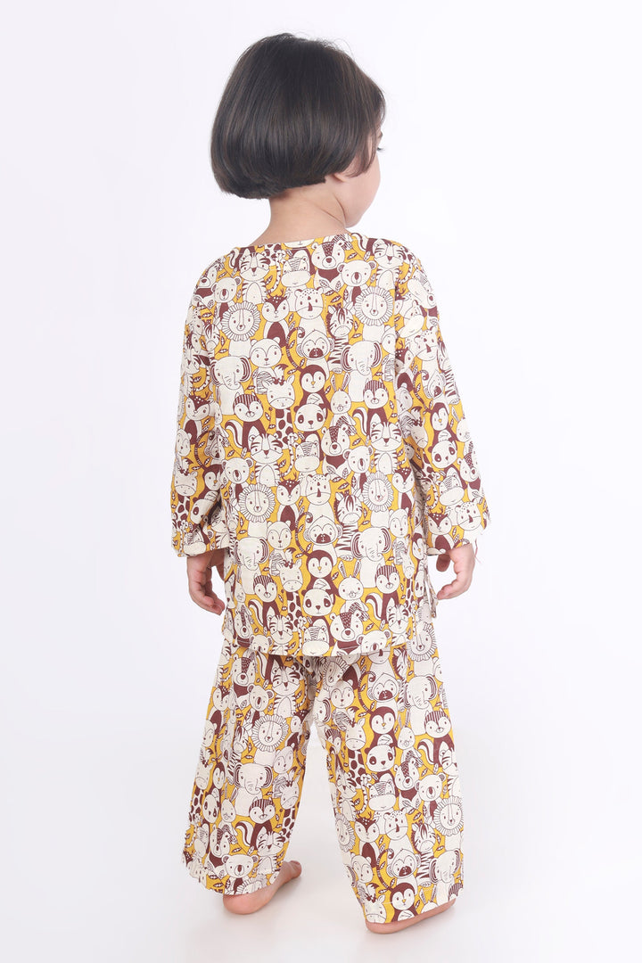 Marigold Jungle Print Cotton Kurta Pajama Nightsuit for Kids Unisex | SHOBITAM