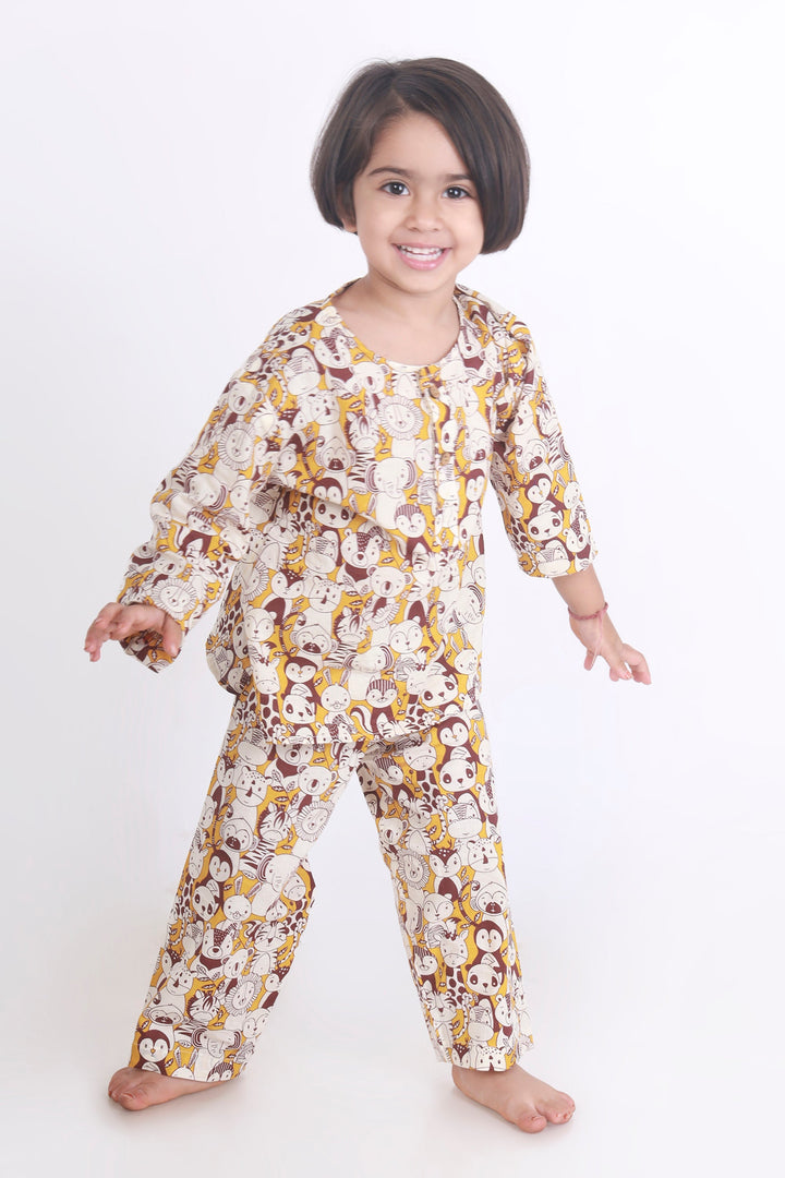 Marigold Jungle Print Cotton Kurta Pajama Nightsuit for Kids Unisex | SHOBITAM
