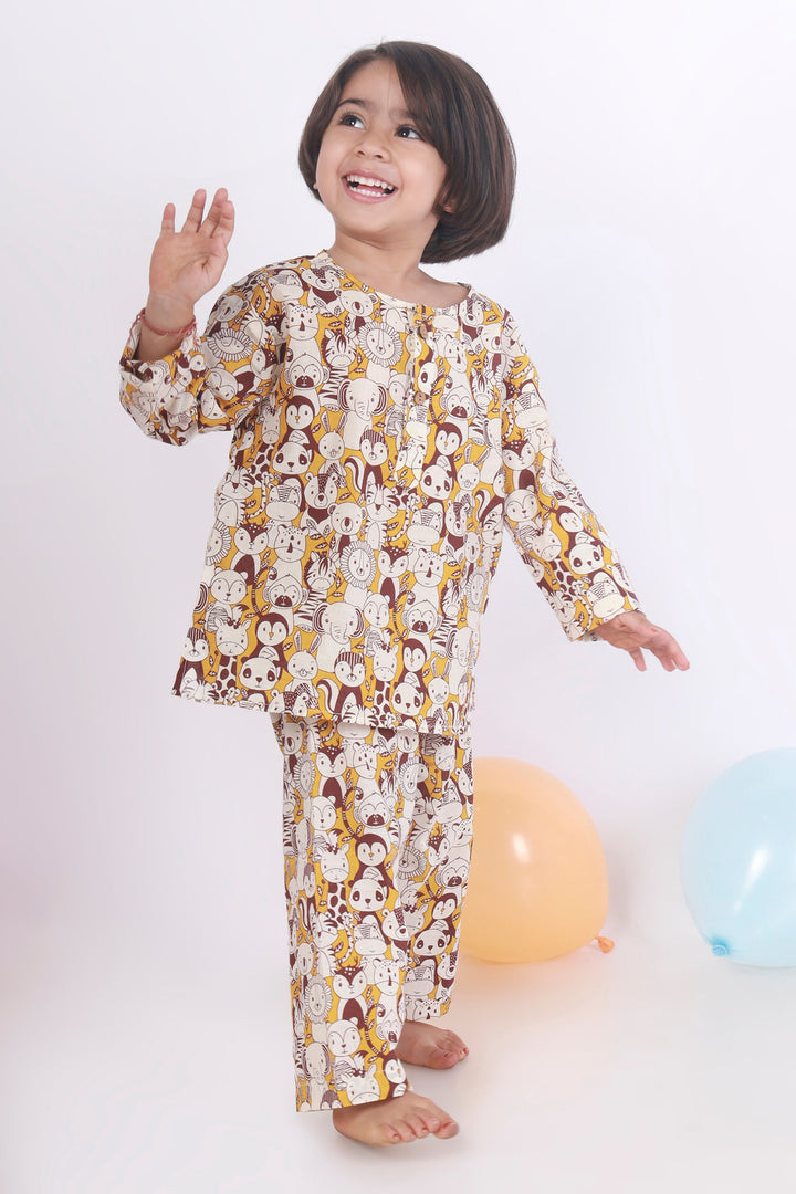 Marigold Jungle Print Cotton Kurta Pajama Nightsuit for Kids Unisex | SHOBITAM