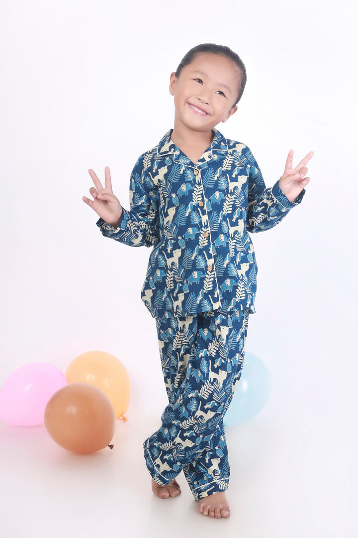 Nila Jungle Print Cotton Shirt & Pyjama Nightsuit for Kids Unisex | SHOBITAM