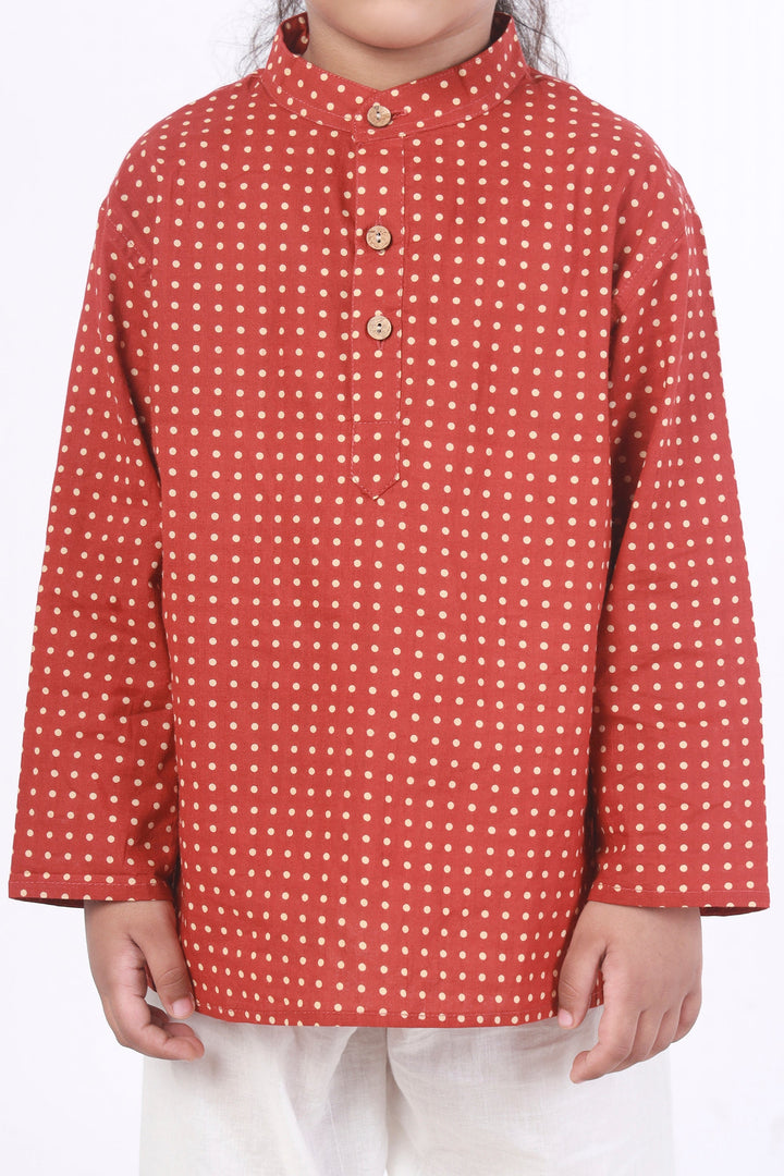 Red Robin Hood Polka Dot Cotton Kurta & Pyjama Nightsuit for Kids Unisex | SHOBITAM