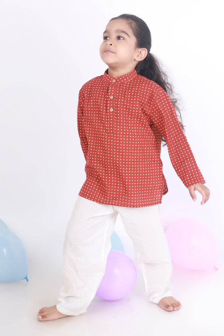 Red Robin Hood Polka Dot Cotton Kurta & Pyjama Nightsuit for Kids Unisex | SHOBITAM
