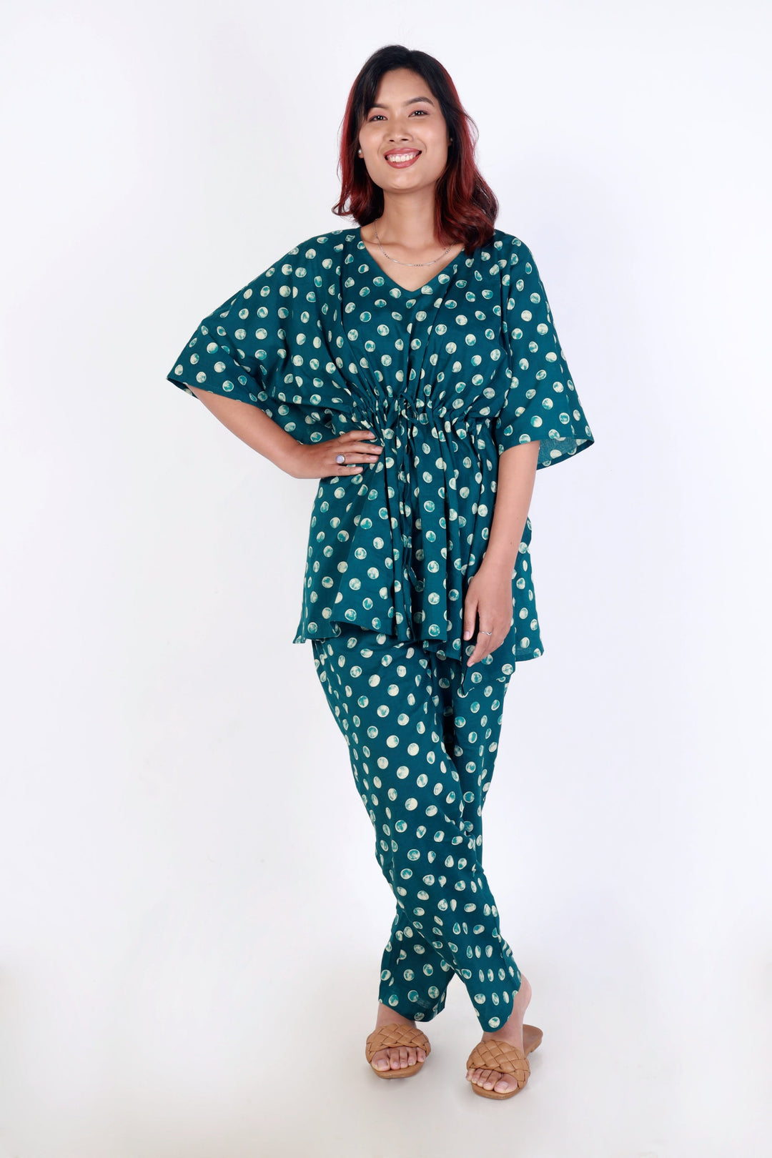 Island Polka Cotton Kaftan Co-ord Set | SHOBITAM