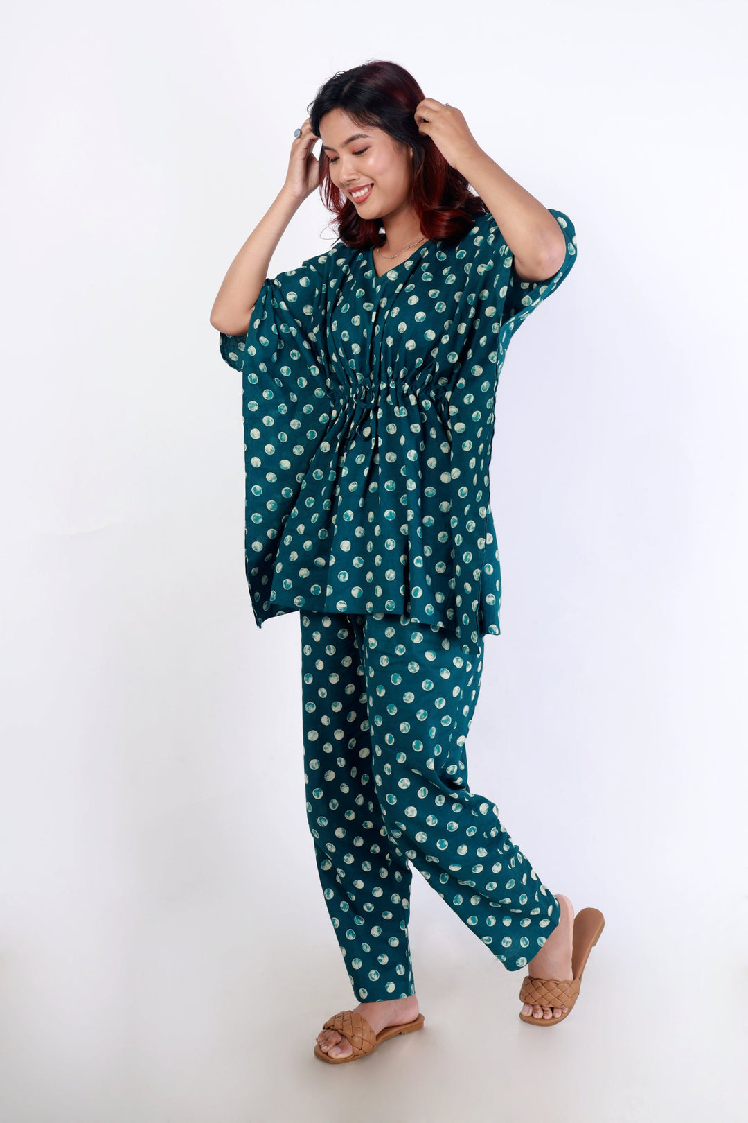 Island Polka Cotton Kaftan Co-ord Set | SHOBITAM