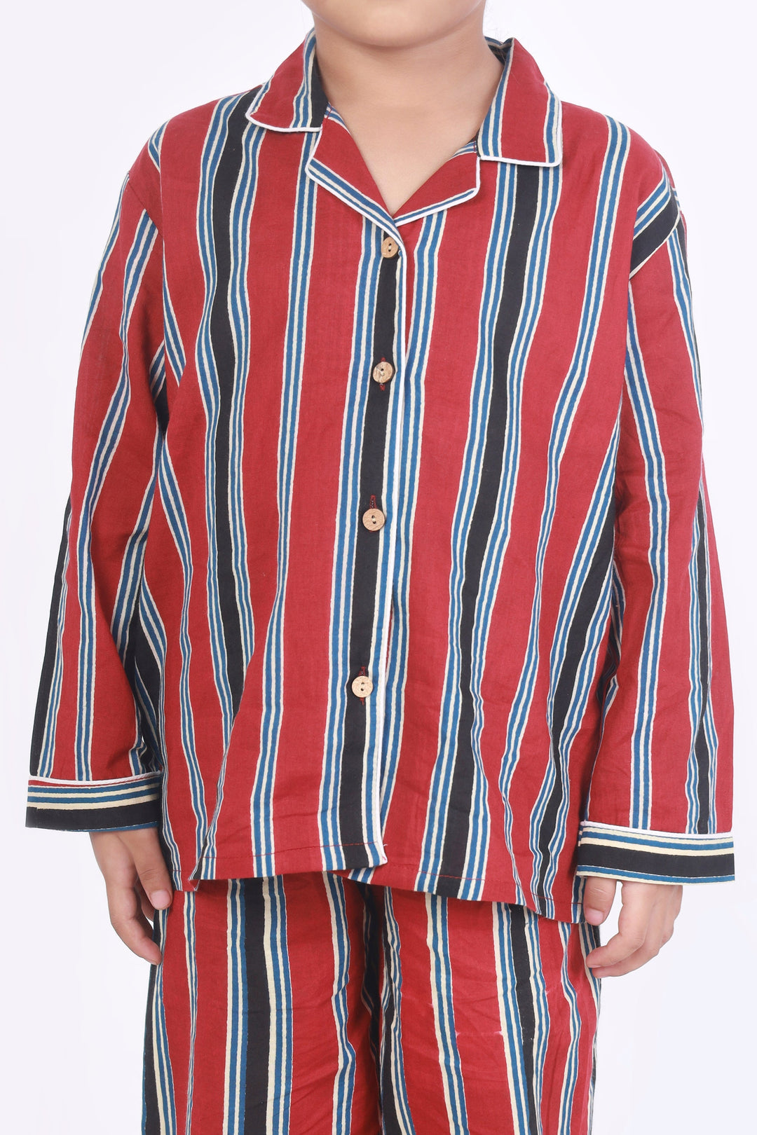 Red Stripes Cotton Shirt & Pyjama NightSuit Set for Kids Unisex | SHOBITAM