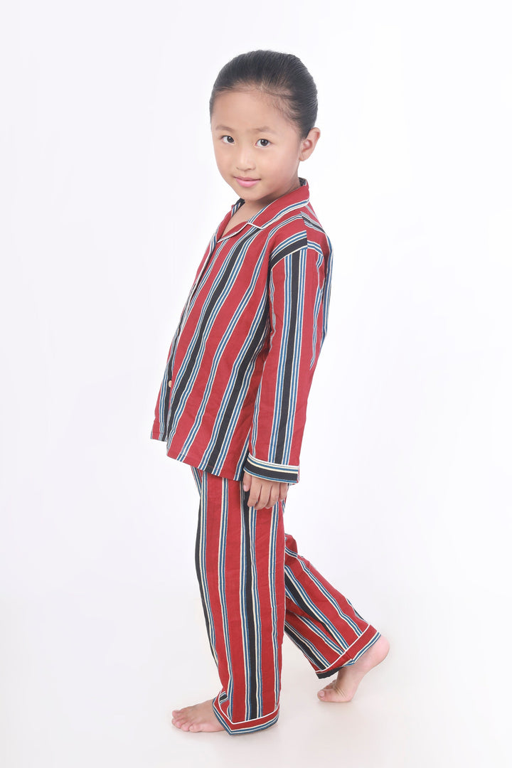 Red Stripes Cotton Shirt & Pyjama NightSuit Set for Kids Unisex | SHOBITAM
