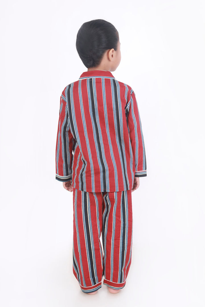 Red Stripes Cotton Shirt & Pyjama NightSuit Set for Kids Unisex | SHOBITAM