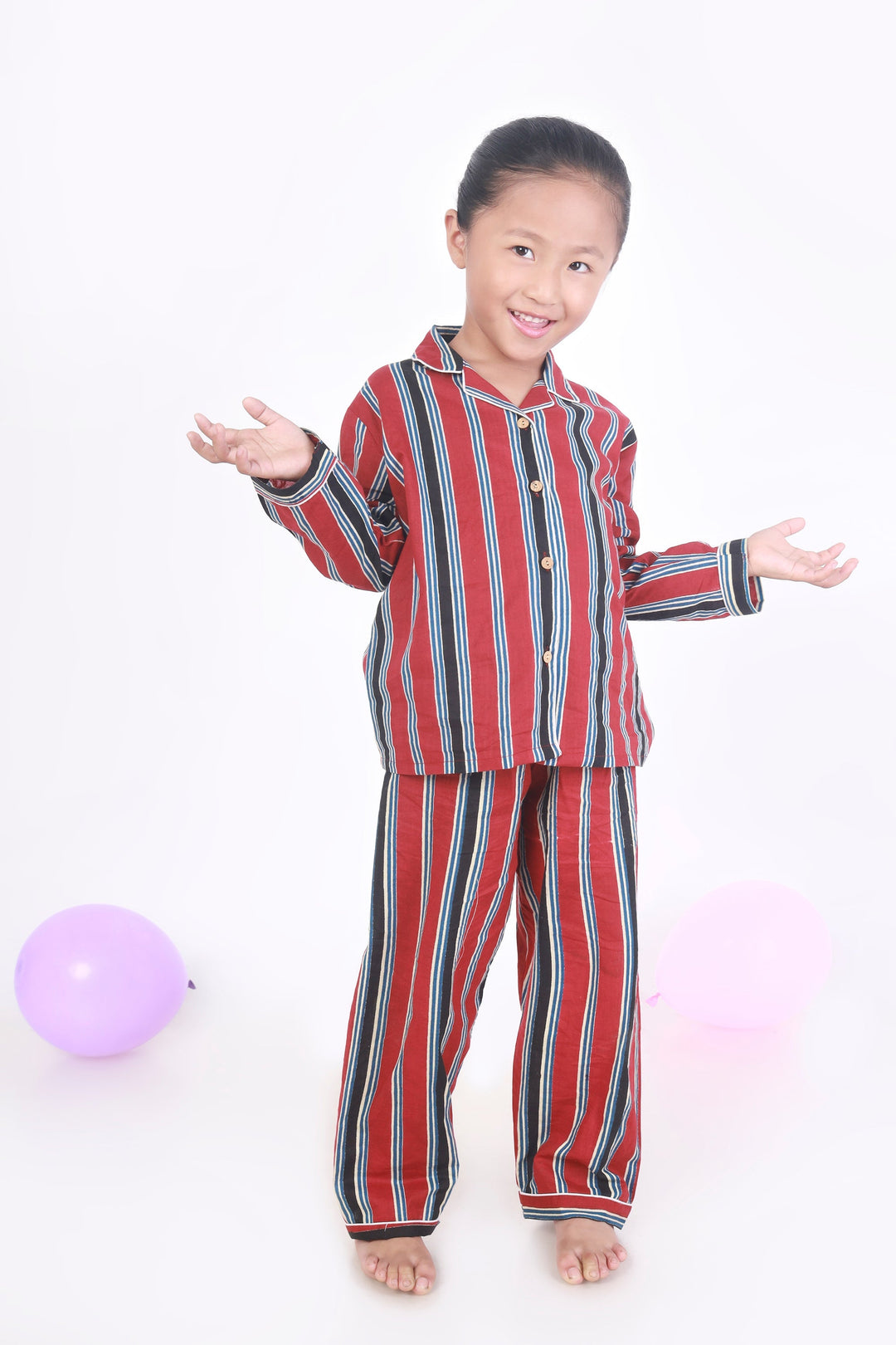 Red Stripes Cotton Shirt & Pyjama NightSuit Set for Kids Unisex | SHOBITAM