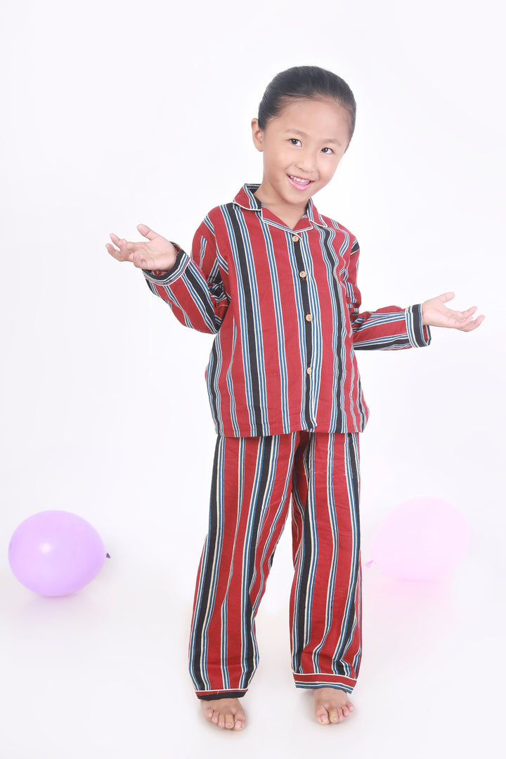Red Stripes Cotton Shirt & Pyjama NightSuit Set for Kids Unisex | SHOBITAM