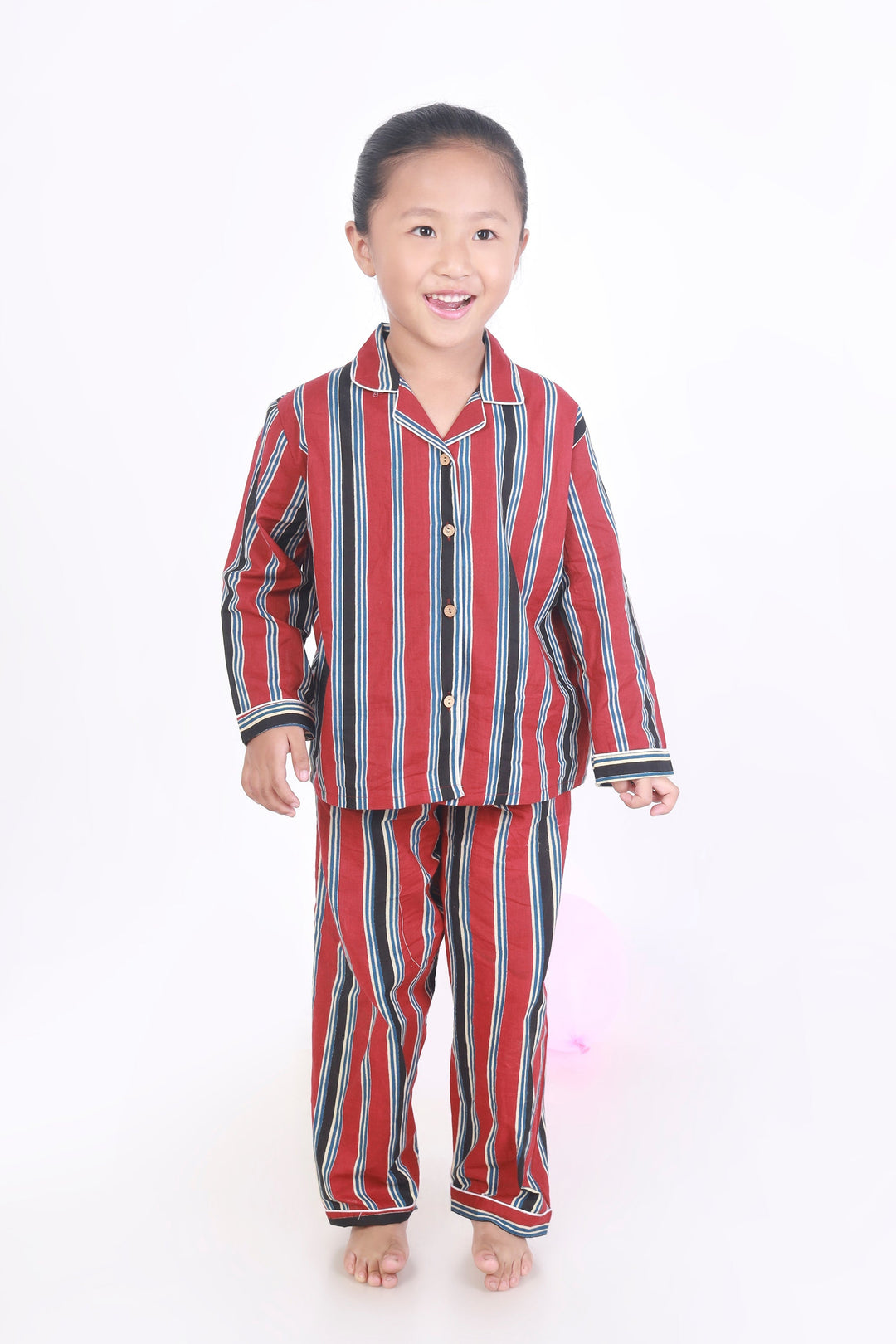Red Stripes Cotton Shirt & Pyjama NightSuit Set for Kids Unisex | SHOBITAM