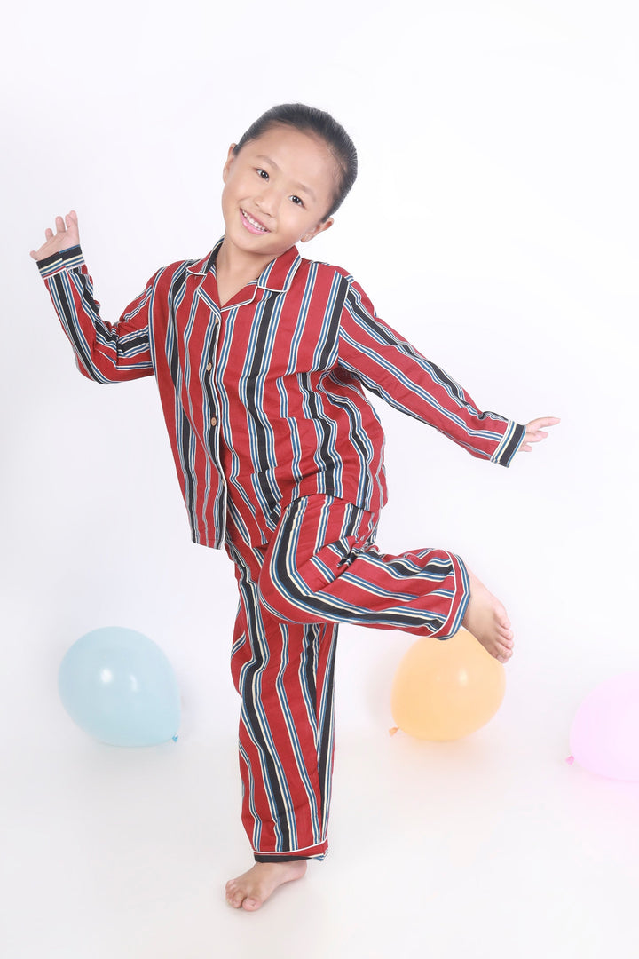Red Stripes Cotton Shirt & Pyjama NightSuit Set for Kids Unisex | SHOBITAM