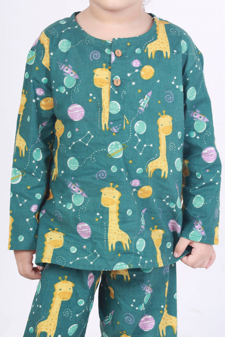 Giraffe in the Wild Cotton Kurta Pajama Nightsuit Set for Kids Unisex | SHOBITAM