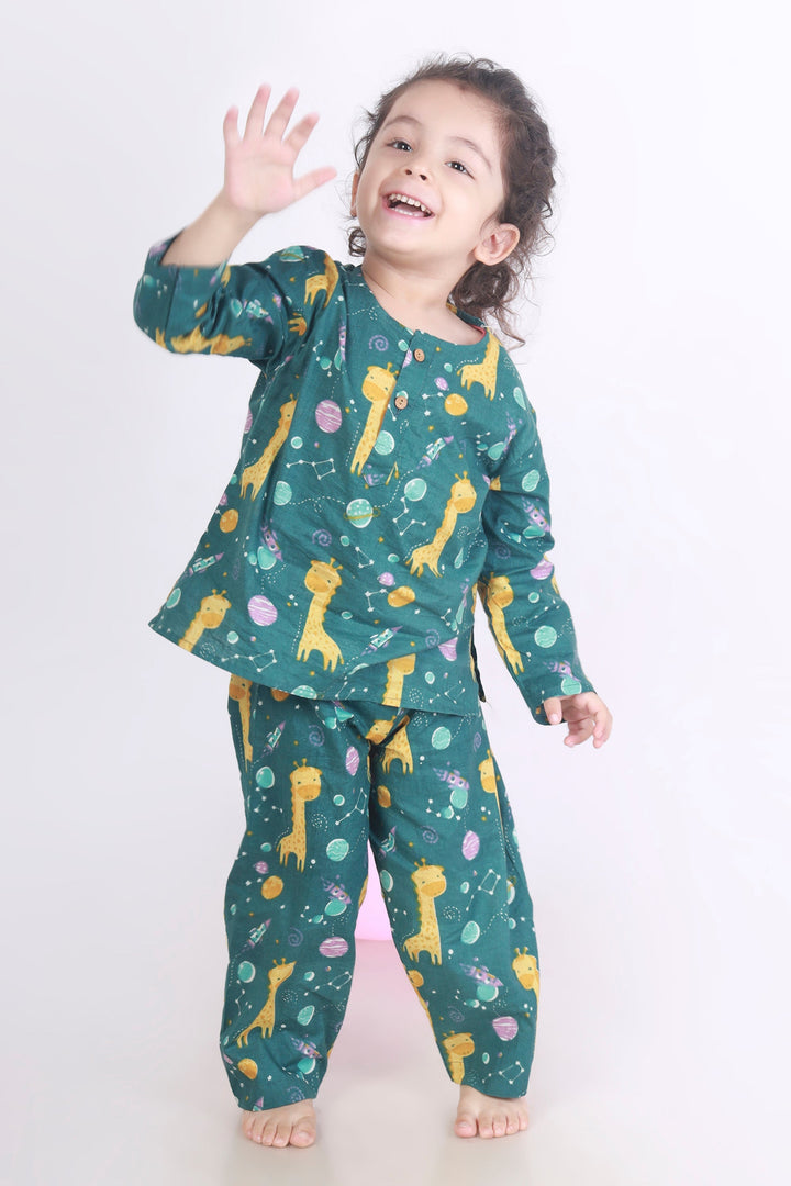 Giraffe in the Wild Cotton Kurta Pajama Nightsuit Set for Kids Unisex | SHOBITAM