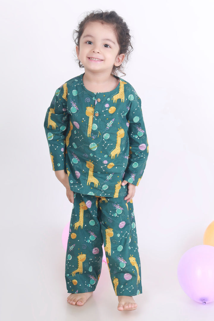 Giraffe in the Wild Cotton Kurta Pajama Nightsuit Set for Kids Unisex | SHOBITAM
