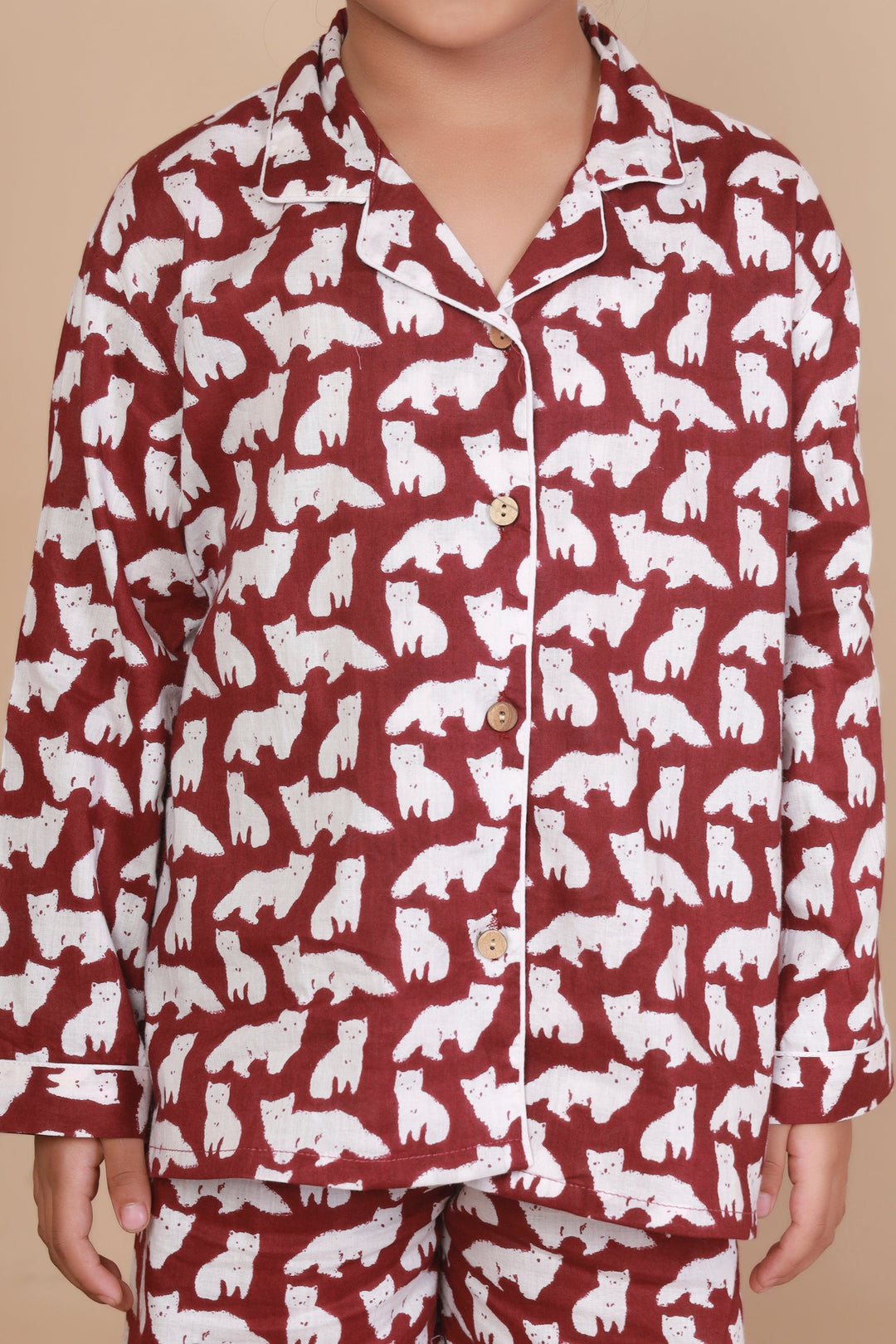 Maroon Foxy Print Shirt & Pyjama Kids Unisex Cotton Nightsuit | SHOBITAM