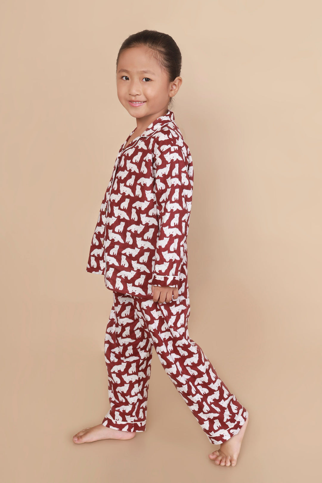 Maroon Foxy Print Shirt & Pyjama Kids Unisex Cotton Nightsuit | SHOBITAM