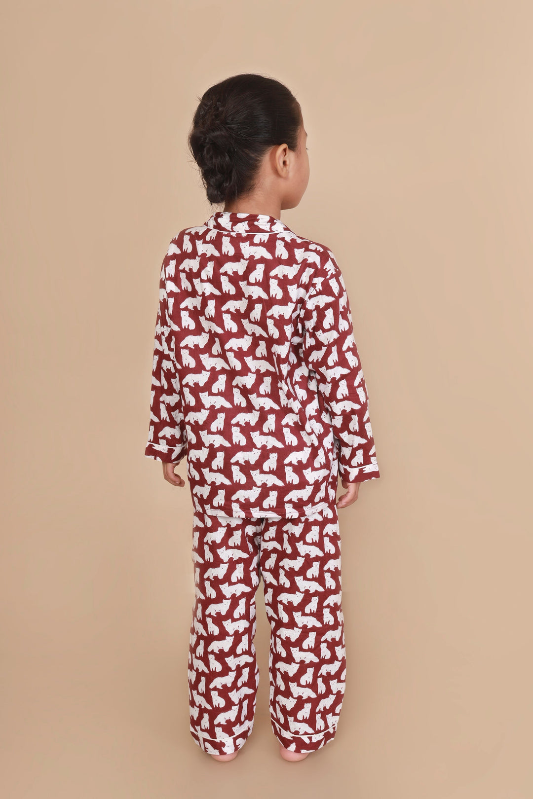 Maroon Foxy Print Shirt & Pyjama Kids Unisex Cotton Nightsuit | SHOBITAM
