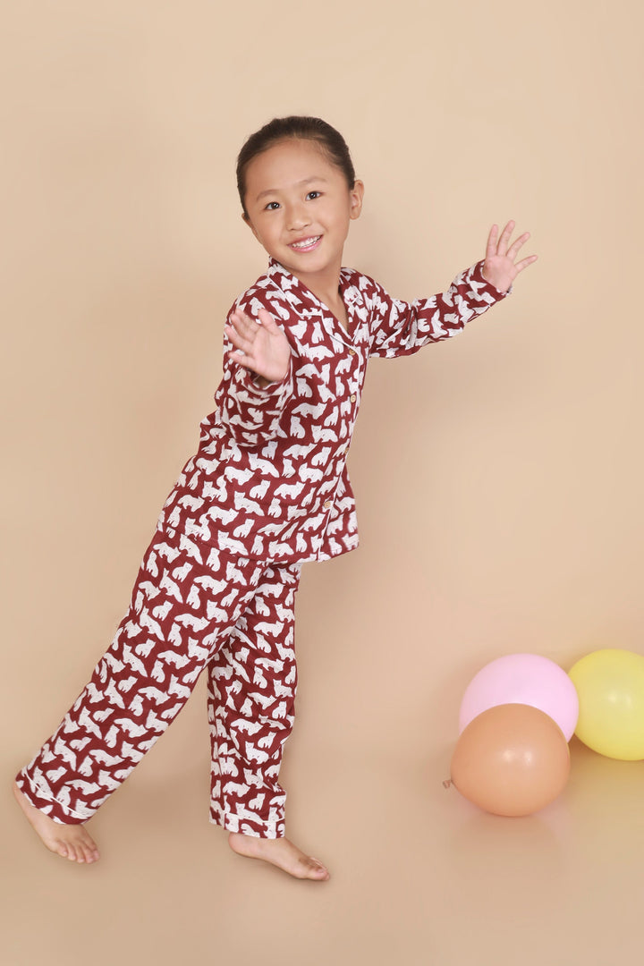 Maroon Foxy Print Shirt & Pyjama Kids Unisex Cotton Nightsuit | SHOBITAM