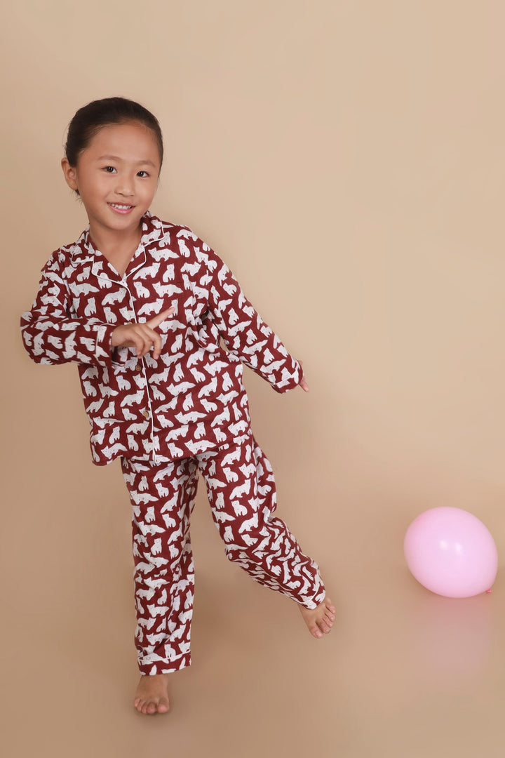 Maroon Foxy Print Shirt & Pyjama Kids Unisex Cotton Nightsuit | SHOBITAM