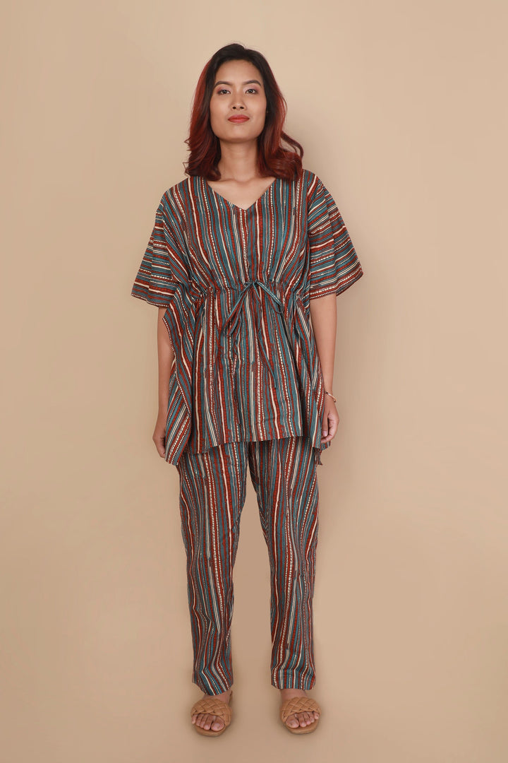 Elana Stripes Print Cotton Kaftan Set | SHOBITAM