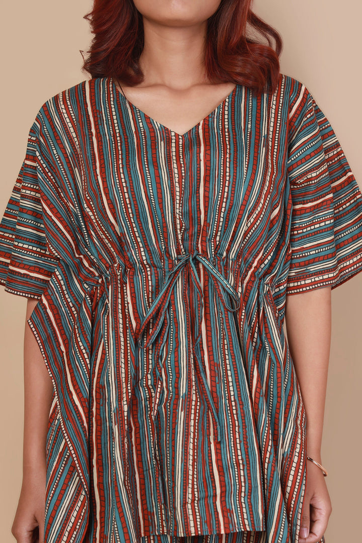 Elana Stripes Print Cotton Kaftan Set | SHOBITAM