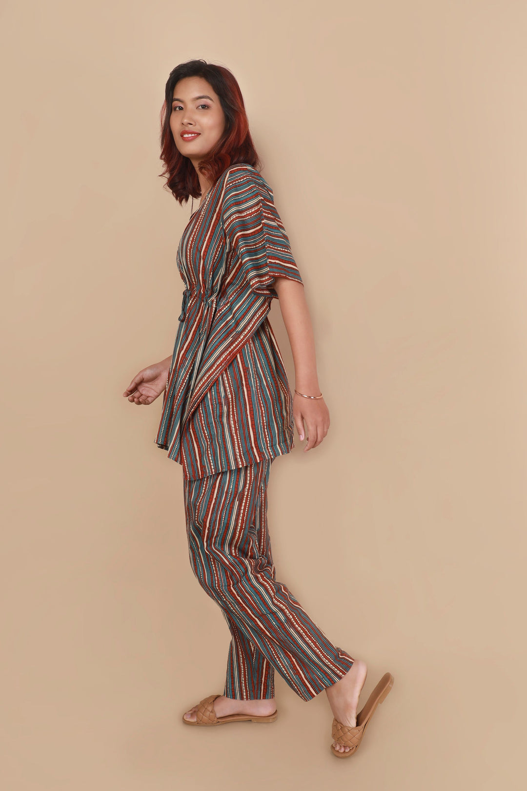 Elana Stripes Print Cotton Kaftan Set | SHOBITAM