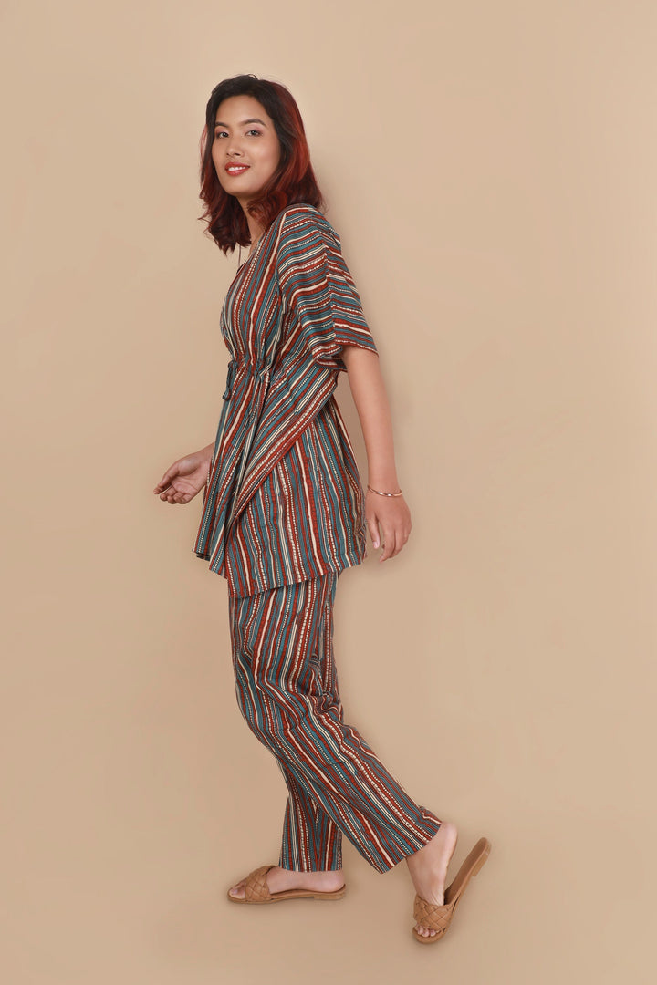 Elana Stripes Print Cotton Kaftan Set | SHOBITAM