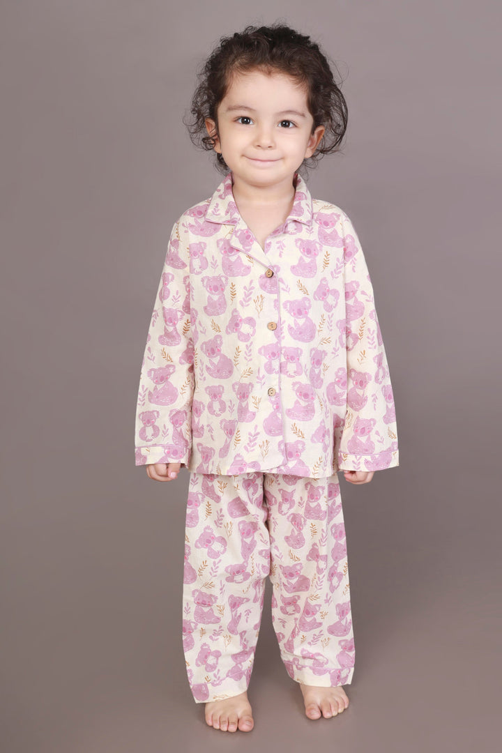 Pink Koala Print Cotton Shirt & Pyjama Nightsuit for Kids Unisex | SHOBITAM
