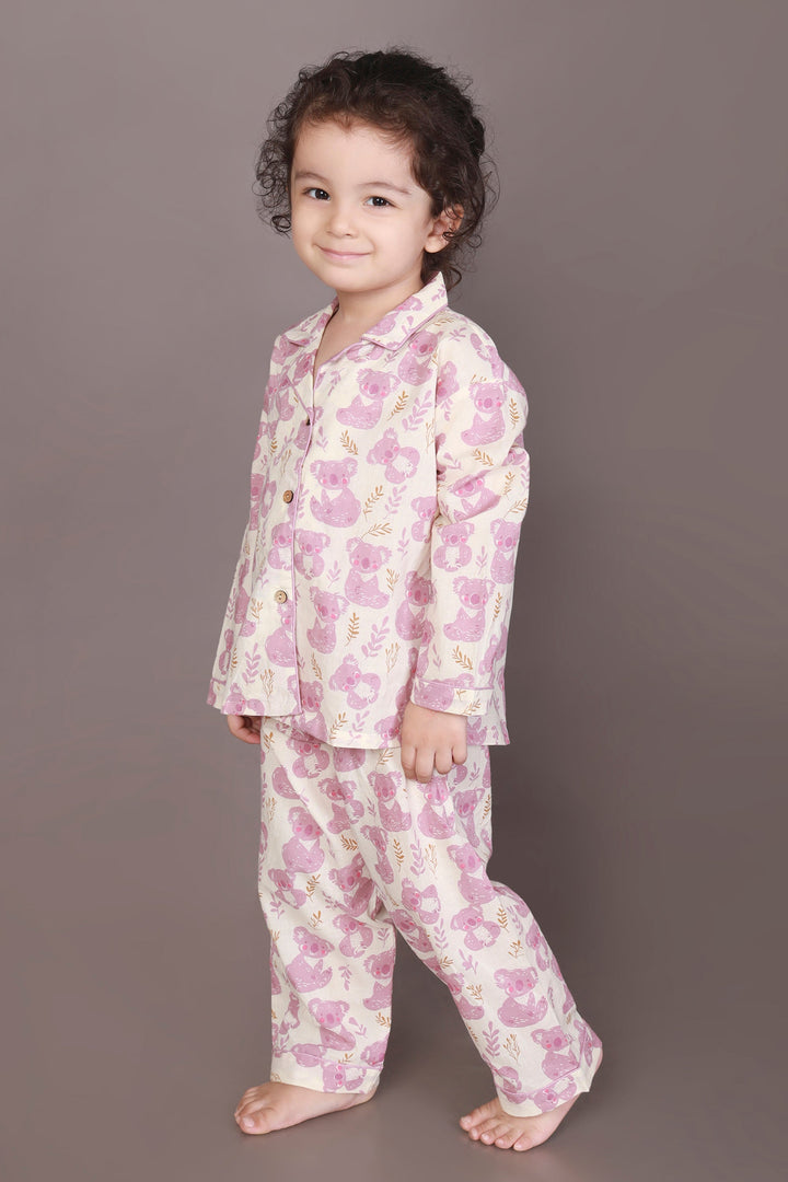 Pink Koala Print Cotton Shirt & Pyjama Nightsuit for Kids Unisex | SHOBITAM