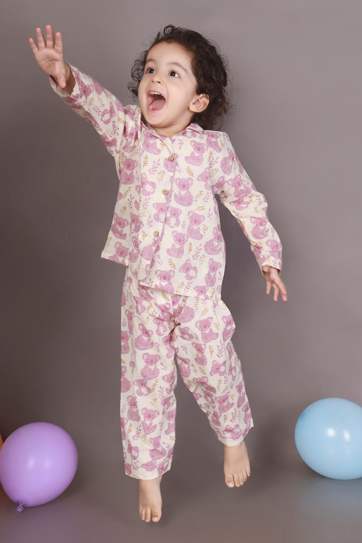 Pink Koala Print Cotton Shirt & Pyjama Nightsuit for Kids Unisex | SHOBITAM