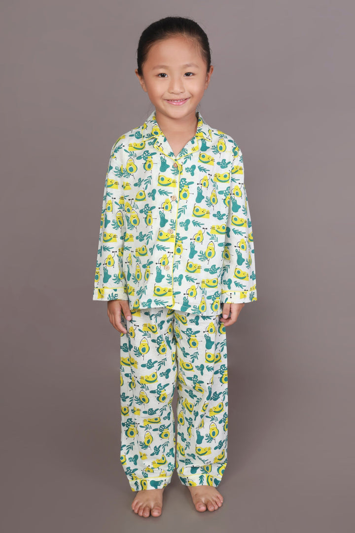 Avocado Toasty Print Cotton Shirt & Pyjama Nightsuit for Kids Unisex | SHOBITAM