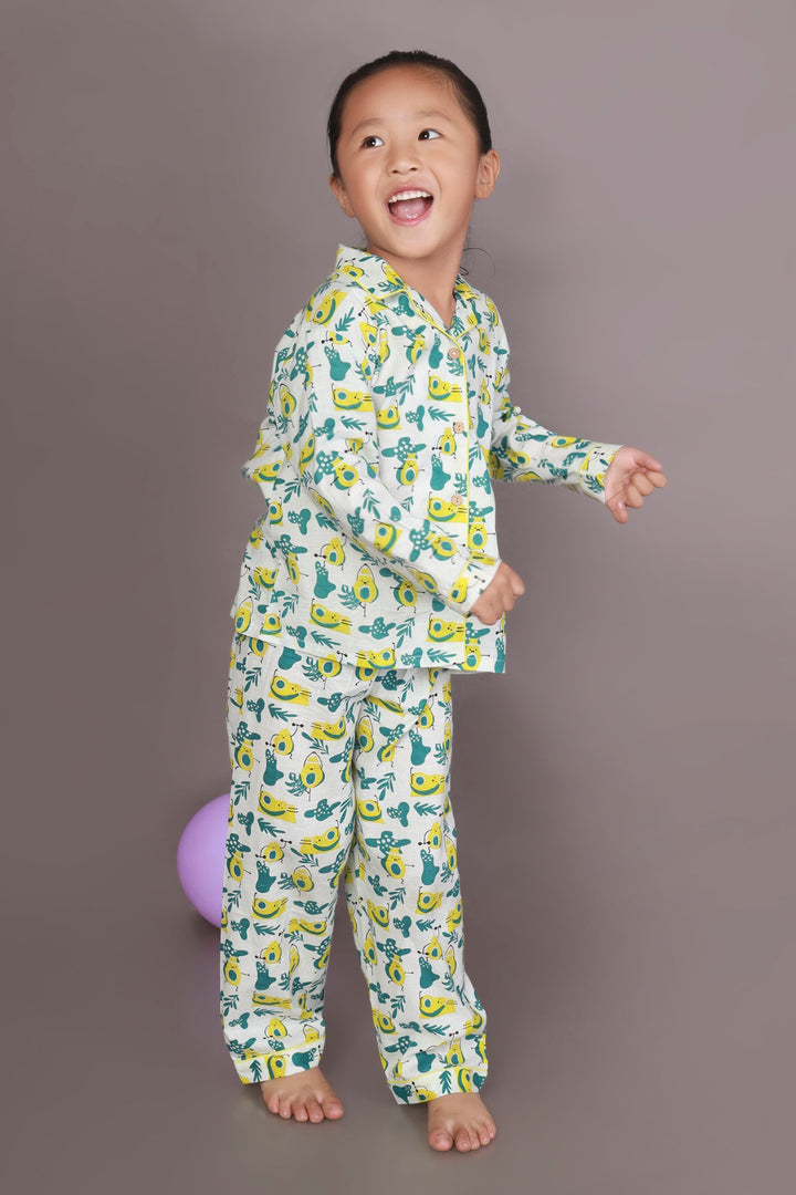 Avocado Toasty Print Cotton Shirt & Pyjama Nightsuit for Kids Unisex | SHOBITAM