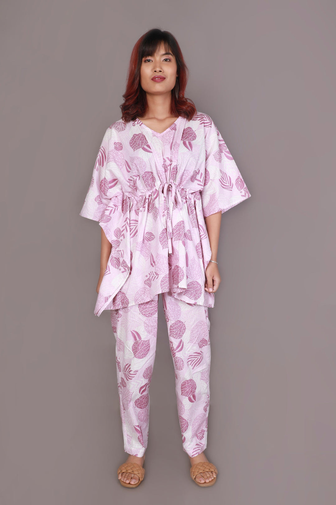 Pink Autumn Nature-Inspired Print Cotton Kaftan Set | SHOBITAM
